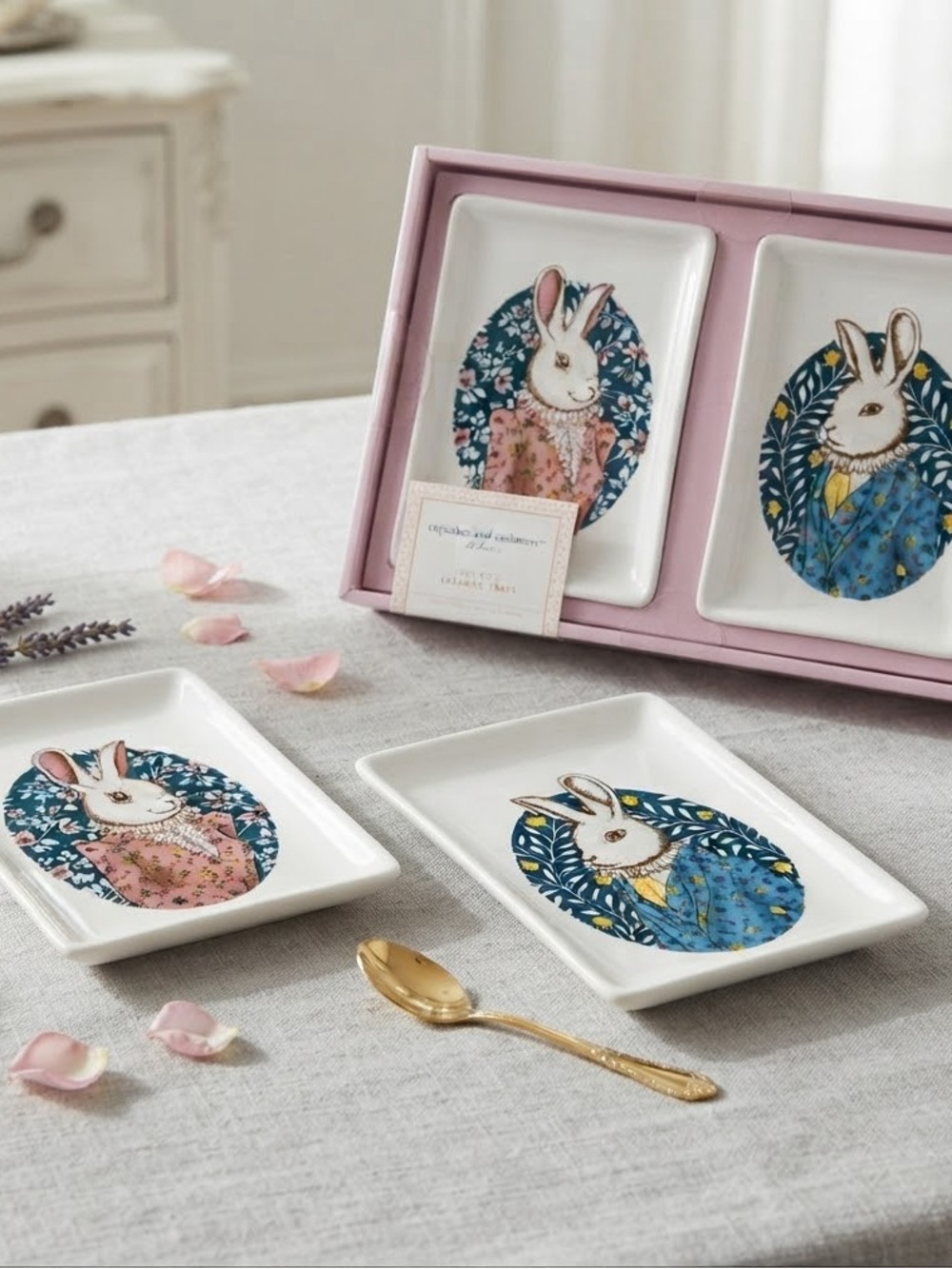 cupcakes & cashmere Pink and Blue Bunny Trinket Dish Set